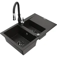 Mexen Gaspar granieten spoelbak 1,5-kamer met afdruiprek en keukenkraan Savita, zwart/goud - 6507-75-672601-70-B