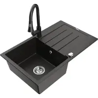 Mexen Bruno granieten gootsteen 1-komorige met afdruiprek en keukenmengkraan Elia, zwart/goude metallic - 6513-75-670101-70