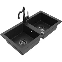 Mexen Mario granieten gootsteen 2-kamer met keukenmengkraan Carla, zwart/zilver metallic - 6504-73-670700-70-B