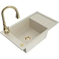 Mexen Elias granieten spoelbak 1-komor met druiprek en keukenkraan Savita, beige - 6511-69-672601-50