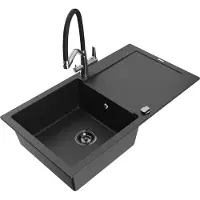Mexen Leo granieten gootsteen 1-komor met afdruiprek en keukenkraan Duo, zwart/zilver metallic - 6501-73-671701-07-B