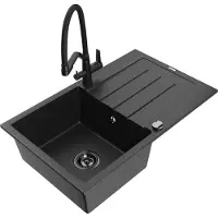 Mexen Bruno granit gootsteen 1-kompartement met afdruiprek en keukenmengkraan Duo, zwart/zilver metallic - 6513-73-671701-70-B