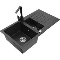 Mexen Matias granieten spoelbak 1,5-kompartment met afdruiprek en keukenkraan Rita, zwart/zilver metallic - 6502-73-670300-70
