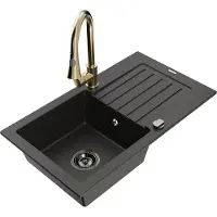 Mexen Pablo granieten spoelbak met 1 kom, afdruiprek en Elia keukenkraan, zwart/gouden metallic - 6510-75-670101-50-B