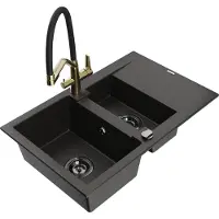 Mexen Gaspar granieten spoelbak 1,5-komor met afdruiprek en Duo keukenkraan, zwart/goud metallic - 6507-75-671701-57-B
