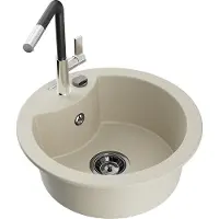 Mexen Diego granieten spoelbak 1-kamer met keukenkraan Flora, beige - 6512-69-670401-07-B