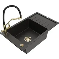 Mexen Elias granieten spoelbak met 1 bak, afdruiprek en Duo-keukenkraan, zwart/gouden metallic - 6511-75-671701-57-G