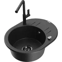 Mexen Kevin granieten gootsteen 1-kamer met afdruiprek en keukenkraan Flora, zwart/zilver metallic - 6517-73-670401-70-B