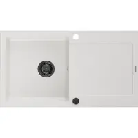 Mexen Leo granieten spoelbak 1-komor met afdruiprek 900 x 500 , wit, zwarte sifon - 6501901010-20-B