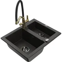 Mexen Carlos granieten spoelbak 1,5-combi met keukenkraan Duo, zwart/goud metaal - 6518-75-671701-57-B
