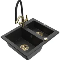 Mexen Carlos granieten gootsteen 1,5-kamer met keukenkraan Duo, zwart/zilver metallic - 6518-73-671701-57-G
