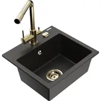 Mexen Milo granieten spoelbak 1-komor met keukenmengkraan Duero, zwart/goud metallic - 6505-75-671600-50
