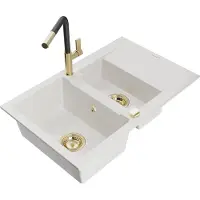 Mexen Gaspar granieten spoelbak 1,5-komor met afdruiprek en keukenkraan Flora, wit - 6507-20-670401-57-G