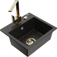Mexen Milo granieten gootsteen met 1 bak en Rita keukenmengkraan, zwart/goud metallic - 6505-75-670300-50