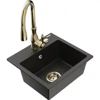 Mexen Milo granieten spoelbak 1-koer met keukenmengkraan Savita, zwart/goud metallic - 6505-75-672601-50