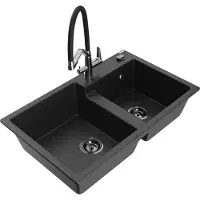 Mexen Tomas granieten spoelbak met 2 kamers en keukenkraan Duo, zwart/zilverkleurige metallic - 6516-73-671701-07-B