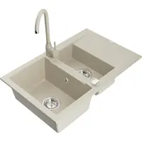 Mexen Gaspar granieten gootsteen 1,5-kamer met afdruiprek en keukenkraan Telma, beige - 6507-69-670200-69