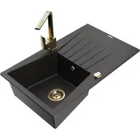 Mexen Cesar granieten spoelbak 1-kamer met afdruiprek en keukenmengkraan Rita, zwart/goud metallic - 6514-75-670300-50
