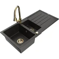 Mexen Andres granieten gootsteen 1,5-komor met afdruiprek en keukenkraan Elia, zwart/goud metallic - 6515-75-670101-50