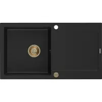 Mexen Leo granieten gootsteen 1-komor met afdruiprek 900 x 500 , zwart, gouden sifon - 6501901010-77-G