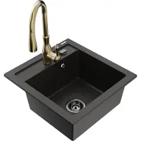 Mexen Vito granieten spoelbak met 1 compartiment en keukenmengkraan Savita, zwart/goud metallic - 6503-75-672601-50-B