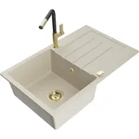 Mexen Bruno granieten gootsteen 1-komorige met afdruiprek en keukenkraan Flora, beige - 6513-69-670401-57-G