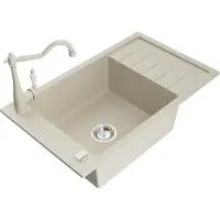 Mexen Elias granieten spoelbak 1-komers met afdruiprek en keukenmengkraan Carla, beige - 6511-69-670700-69