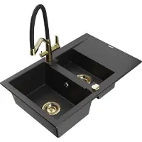 Mexen Gaspar granieten gootsteen 1,5-kamer met afdruiprek en Duo keukenkraan, zwart/zilver - 6507-73-671701-57-G