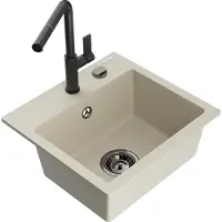 Mexen Milo granieten gootsteen 1-kompartiment met keukenmengkraan Flora, beige - 6505-69-670401-70-B