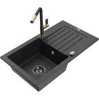 Mexen Pablo granieten gootsteen 1-komor met afdruiprek en keukenkraan Flora, zwart/zilver metallic - 6510-73-670401-57-B