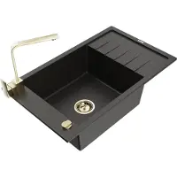 Mexen Elias granieten wastafel 1-kompatibiliteit met afdruiprek en keukenkraan Rita, zwart/goud metallic - 6511-75-670300-50