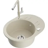 Mexen Kevin granieten spoelbak 1-kamerig met afdruiprek en keukenkraan Flora, beige - 6517-69-670401-09