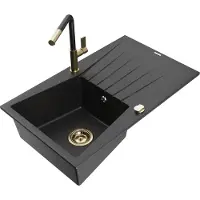Mexen Cesar granieten gootsteen 1-komor met afdruiprek en keukenmengkraan Flora, zwart/zilver metallic - 6514-73-670401-57-G