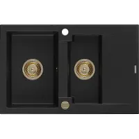 Mexen Gaspar granieten gootsteen 1,5-komers met afdruiprek 737 x 475 , zwart, gouden sifon - 6507731505-77-G