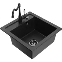 Mexen Vito granieten gootsteen met 1 kuip en keukenmengkraan Carla, zwart/zilver metallic - 6503-73-670700-70-B