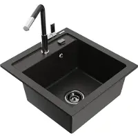 Mexen Vito granieten spoelbak 1-komers met keukenmengkraan Flora, zwart/goud metallic - 6503-75-670401-07-B