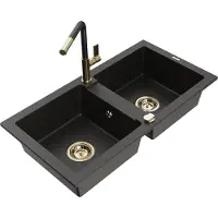 Mexen Mario granieten spoelbak met 2 koen en keukenkraan Flora, zwart/goud metallic - 6504-75-670401-57-G