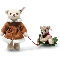Steiff Mama Teddybeer met kind op hulst slee 23 cm. EAN 005862