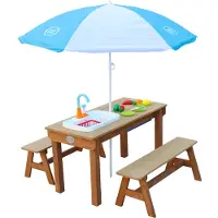 Axi Dennis Zand & Water Picknicktafel met Speelkeuken wastafel en losse bankjes Bruin - Parasol Blauw/wit