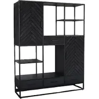 Lizzely Garden & Living Kast industrieel mangohout Lio zwart mango hout wandkast 180cm visgraat vakkenkast mango duurzaam