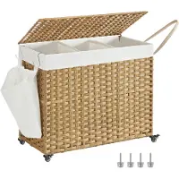 Songmics - Wasmand - Wasmand met Deksel - 3 Compartimenten - Met Wielen en Verwijderbare Waszak