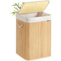 Songmics - Wasmand - Wasmand van Bamboe met Deksel - Opvouwbaar - Uitneembare Waszak - Met Handgrepen