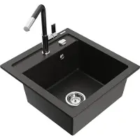 Mexen Vito granieten spoelbak met 1 bak met keukenkraan Flora, zwart/goud metallic - 6503-75-670401-07