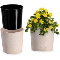 Kadax Bloempot met houten spaanplaat, bloempot met inzetstuk, pot, tuinschaal, bloembak, bloempotbescherming voor woonkamer, kantoor (diameter 19 cm, crème)