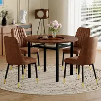 MODFU - Ronde Eettafelset - Met Glasinleg En Glasplateau - Minimalistisch - Voor Eetkamer Of Keuken - MDF Metaal Stof - Bruin Zwart - 100 Cm