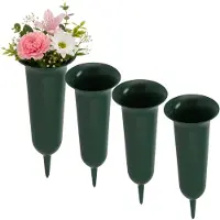 DK Design Grafvaas kunststof - 4x - groen - 32 cm - grafdecoratie - bloemenvaas voor herdenkingsplaats/kerkhof