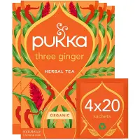 Pukka Tea Three Ginger - 80 Theezakjes - Biologische Kruidenthee - Gember Thee - 4 x 20 zakjes - Thee Voordeelverpakking