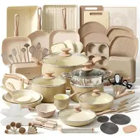 Nutrichef 75-delige anti-aanbak pannenset – complete keramische kookset met bakvormen, keukengerei, messenset & accessoires – vlekbestendig, voedselveilig – crème/bruin