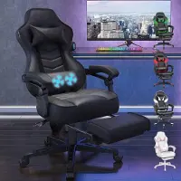 Puluomis Gaming stoel met massagefunctie en voetsteun, 150 kg draagvermogen. Ergonomische bureaustoel, chefstoel, kantoel, race-stoel, computerstoel, zwart