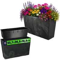Hobby Hall Bloembak, van kunststof, 5 kleuren, bloempot, met bewateringsbandjes, balkonbak, met inzetstuk, plantenbak, voor buiten, rechthoekig, ruitjespatroon, 18,5 x 55,7 cm, zwart